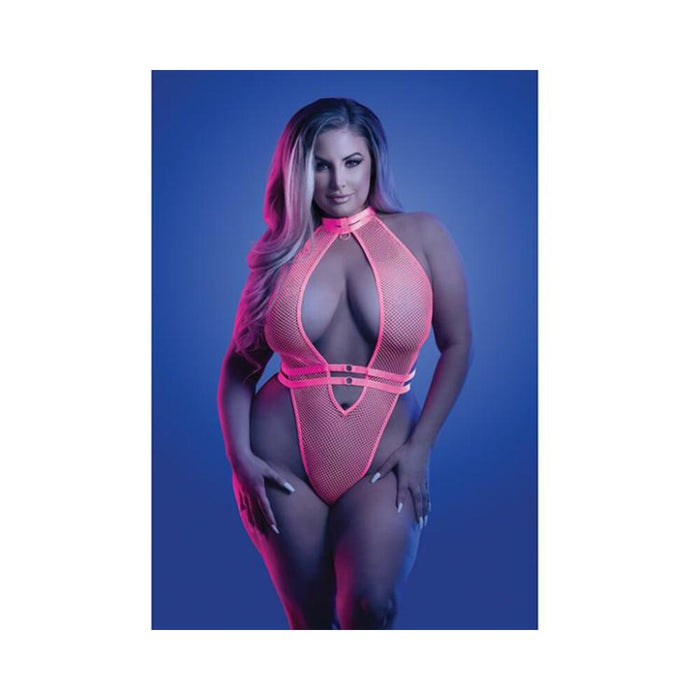 Glow Knockout Fishnet Teddy W/detachable Thong - Neon Pink Qn