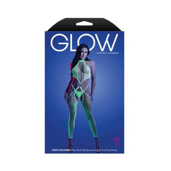 Fantasy Lingerie Glow High Voltage Uv Reactive High Neck Bodystocking & G-string Panty O/s