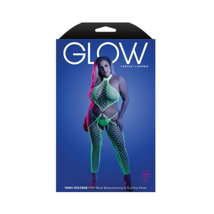 Fantasy Lingerie Glow High Voltage Uv Reactive High Neck Bodystocking & G-string Panty Queen Size