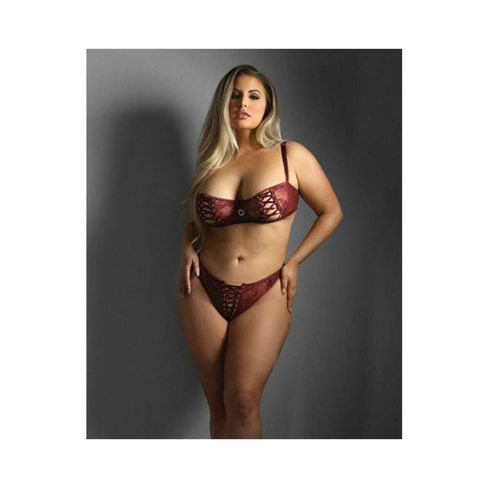 Edge Lace And Mesh Underwire Bra & Crotchless Panty W/lace-up Detail - Burgundy Qn