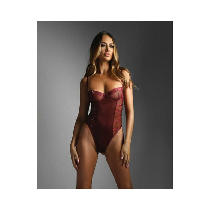 Edge Crotchless Underwire Mesh Teddy W/ Strappy Open Back - Burgundy L/xl