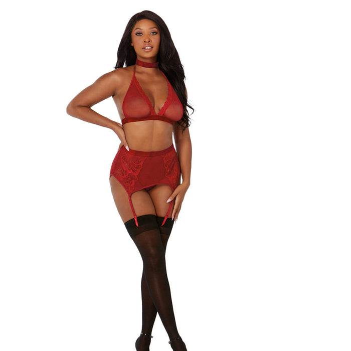 Fishnet & Lace Bralette, Garterbelt, G-string & Choker Garnet