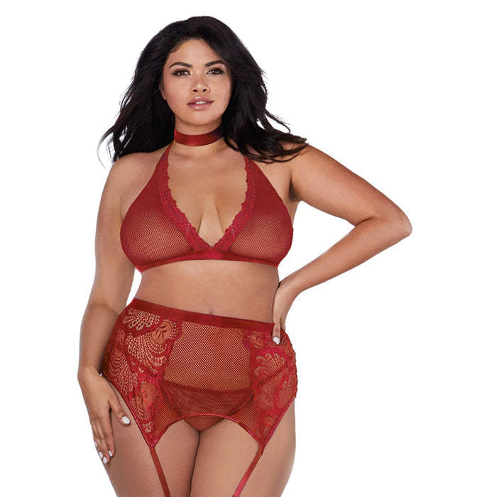 Fishnet & Lace Bralette, Garterbelt, G-string & Choker Garnet