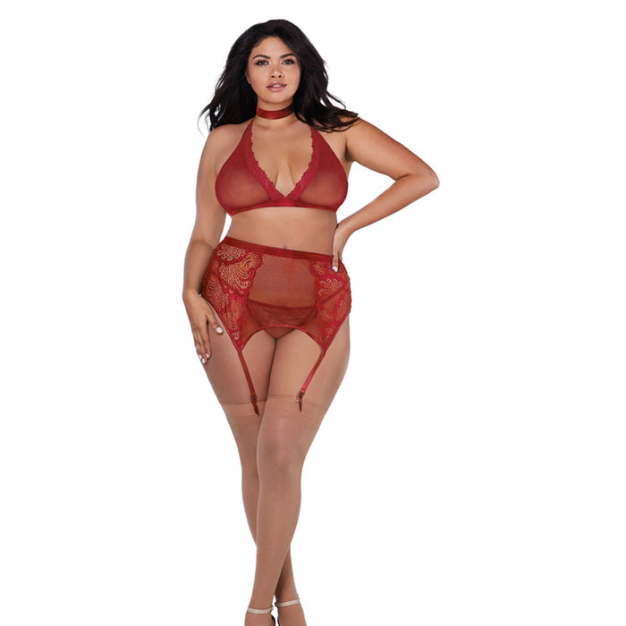 Fishnet & Lace Bralette, Garterbelt, G-string & Choker Garnet