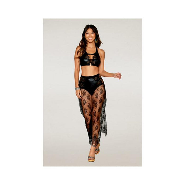 Stretch Faux Leather And Eyelash Lace Bralette W/high-waisted Panty - Black Md