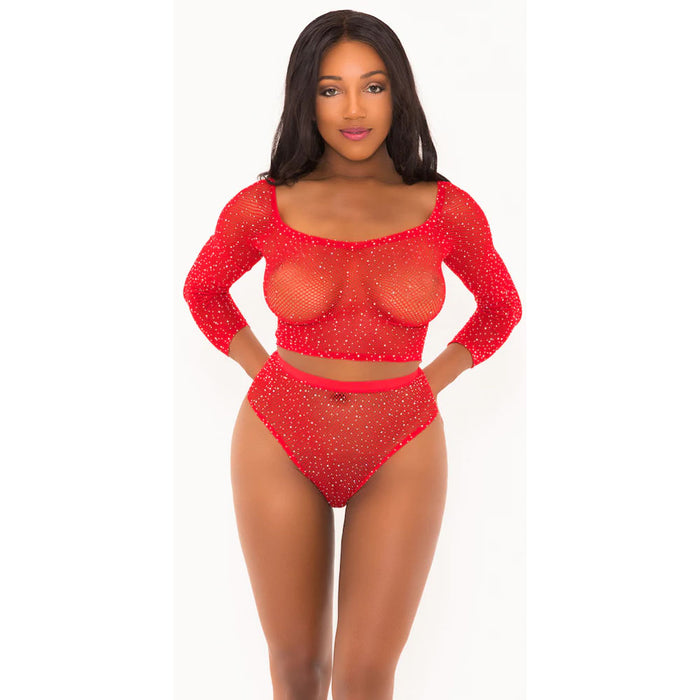 Rhinestone Crop Top With Matching Panty Red O/S