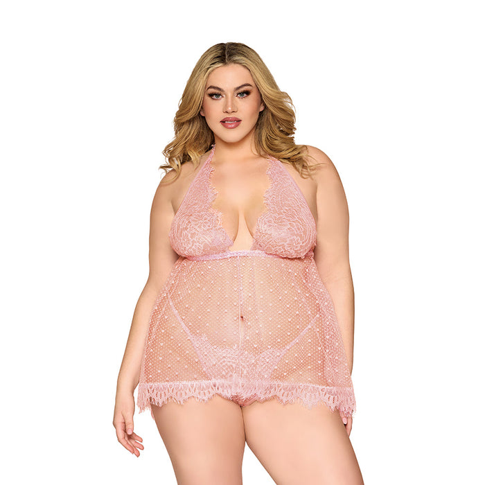 Dreamgirl Lace and Polka Dot Mesh Babydoll and G-String Rose Quartz