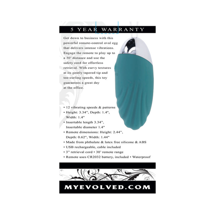 Evolved Oval Office Rechargeable Vibrating Egg Vibe With Remote Silicone Teal