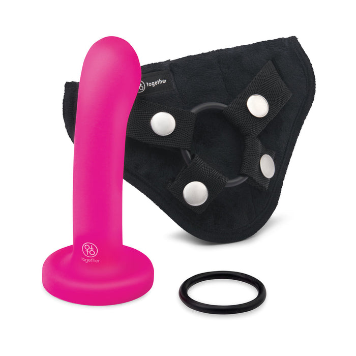 Together Pop 5 in. Silicone Dildo and Harness Set Pink