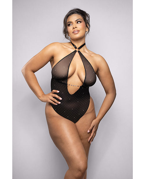 Rhinestone Mesh Halter Teddy w/Jeweled Center Strap - Black 3X/4X