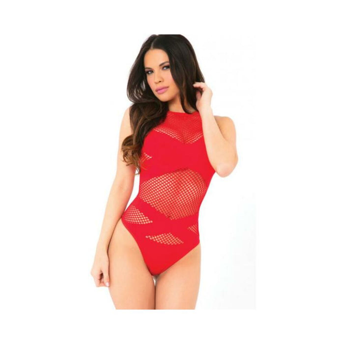 Pink Lipstick Criss Cross Fishnet Bodysuit Red O/S