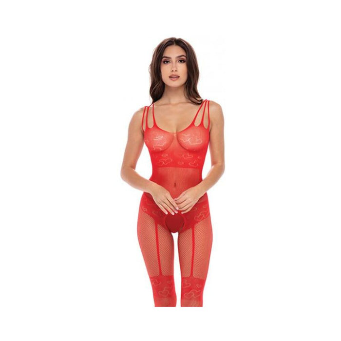 Rene Rofe All Heart Crotchless Bodystocking Red O/s