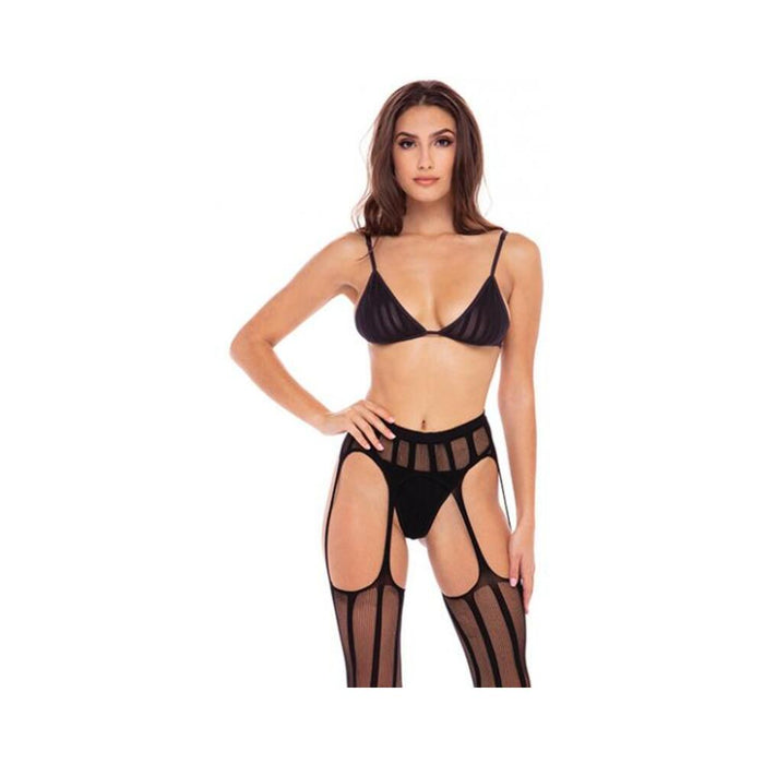Straight Up 3-piece Sheer Striped Bra, Thong, And Garter Set Black M/l | SexToy.com