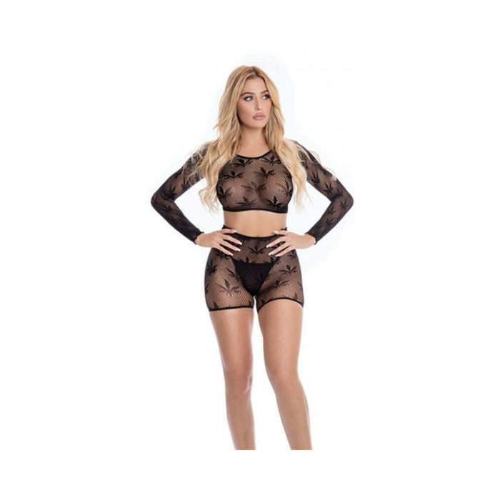 Pink Lipstick Leaf It To Me Long Sleeve Crop Top & Short Black O/s