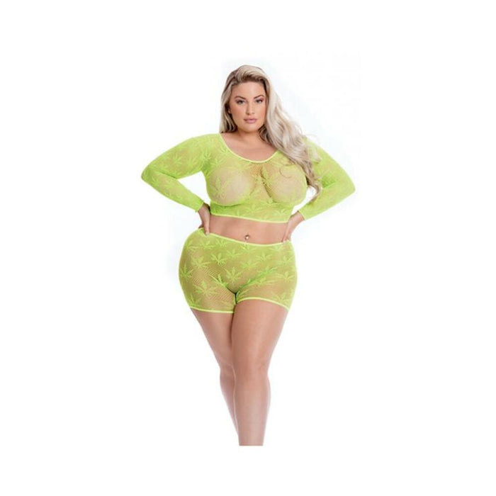 Pink Lipstick Leaf It To Me Long Sleeve Crop Top & Short Green Qn