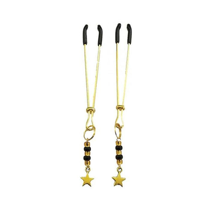 Bijoux De Nip Tweezer Nipple Clamp W/black & Gold Beads W/star - Gold