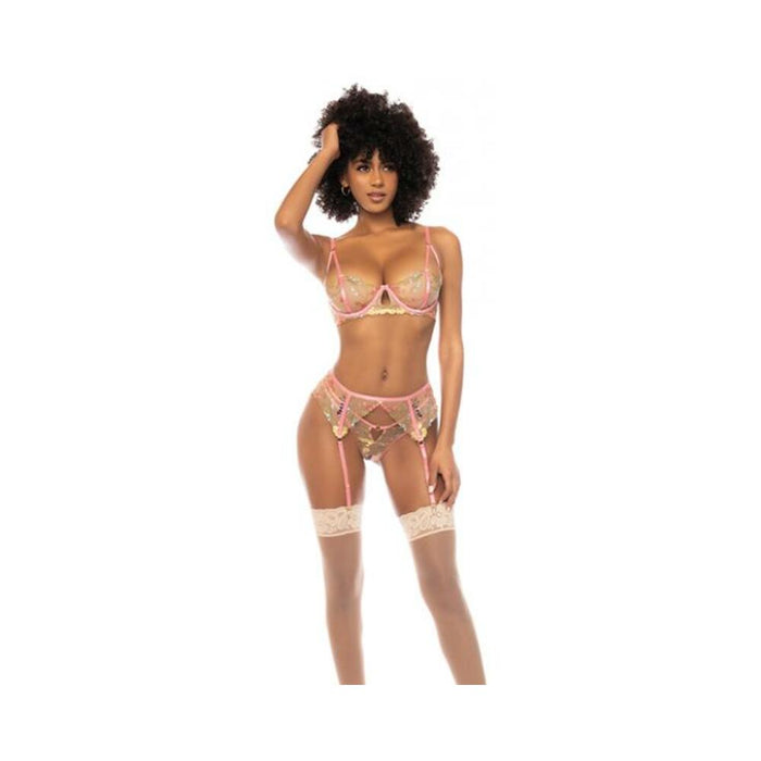 Floral Embroidered Underwire Bralette W/garter & Thong Panty Pink Large
