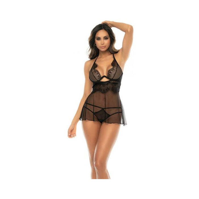 Lace Long Line Underwire Bra W/removable Skirt & Thong Panty Black L/xl