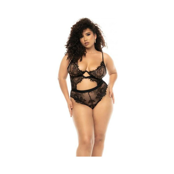 Floral Lace & Mesh Underwire Teddy W/keyhole Details Black 3x/4x