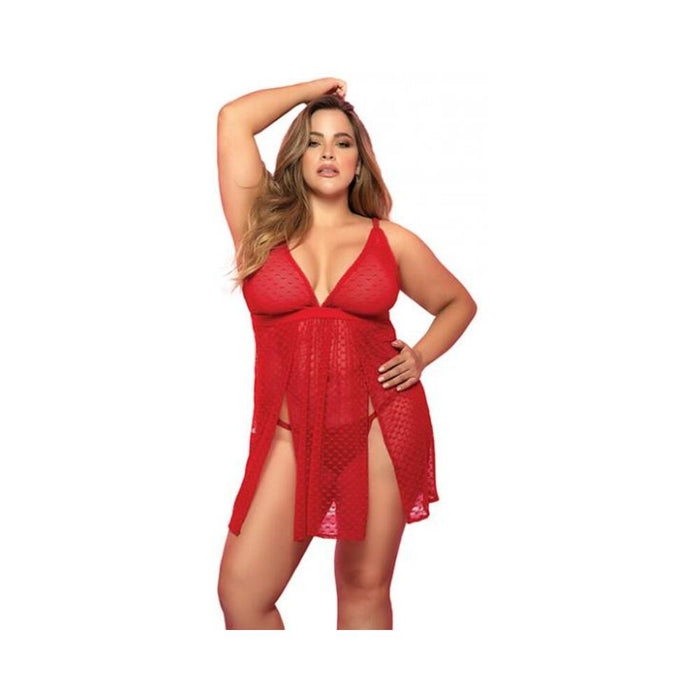 Mesh Printed Babydoll W/g-string Red 1x/2x