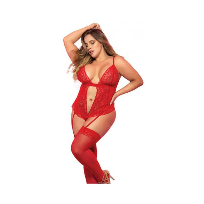 Lace & Mesh Teddy W/hook & Eye Crotch Closure W/attached Garter Straps Red 1x/2x