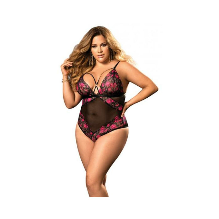 Demi Cup Lace & Mesh Teddy Black/hot Pink 1x/2x