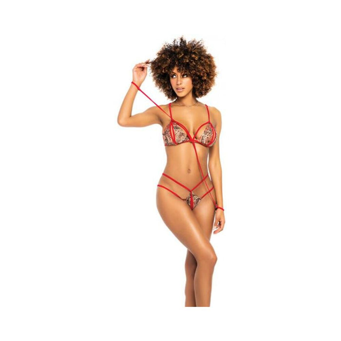 Peek A Boo Top W/detachable Wrist Straps, Thong & Eye Mask Red/snake S/m