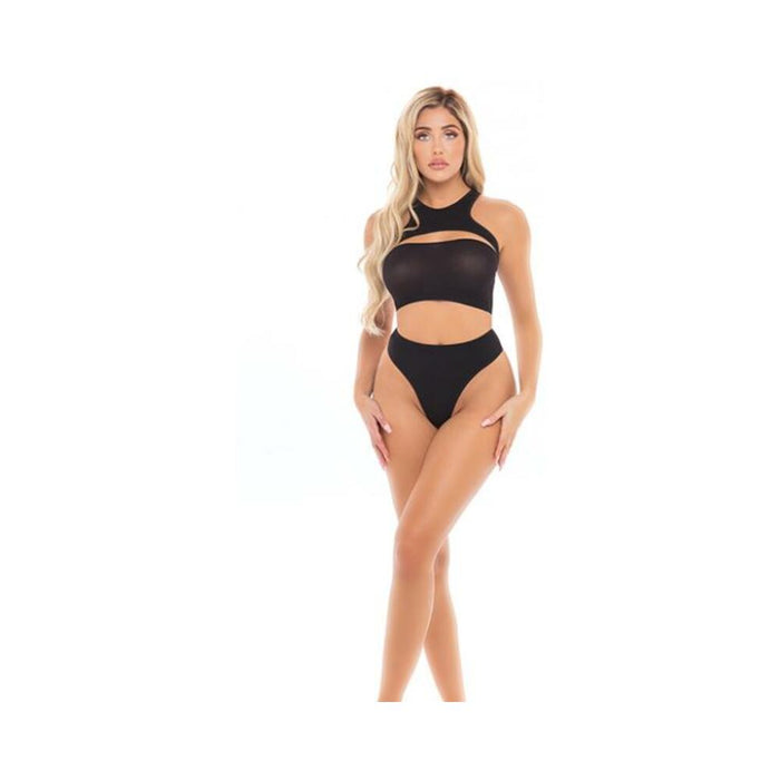 Pink Lipstick Divine Bandeau, Harness Top, & High Waist Thong Black O/s