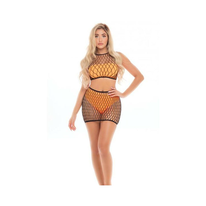 Pink Lipstick Crave You Large Fishnet Cami Top & Skirt, Bandeau Top & Panty Neon Orange O/s