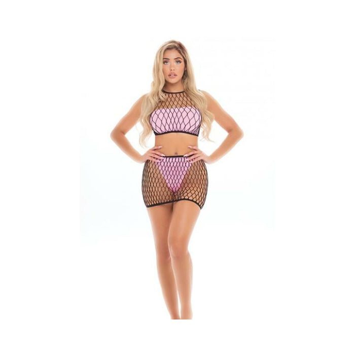 Pink Lipstick Crave You Large Fishnet Cami Top & Skirt, Bandeau Top & Panty Pink O/s