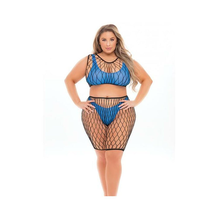 Pink Lipstick Brace For Impact Large Fishnet Top, Shorts, Bra & Thong (fits Up To 3x) Neon Blue Qn