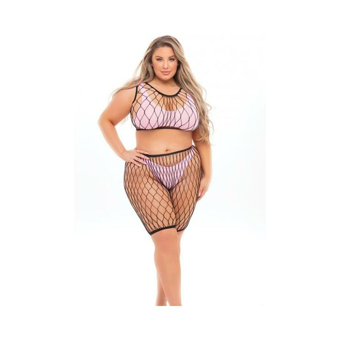 Pink Lipstick Brace For Impact Large Fishnet Top, Shorts, Bra & Thong (fits Up To 3x) Pink Qn