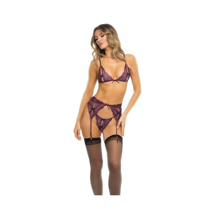 Rene Rofe Sneak Peak Bra, Garter Belt And G-string Purple  S/m