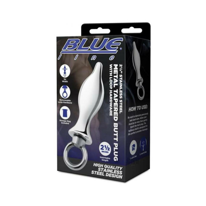 Blue Line 2.5" Stainless Steel Metal Tapered Butt Plug With Loop Hardware