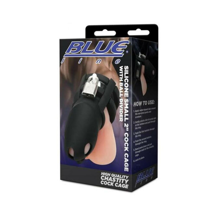Blue Line 2" Silicone Mini Cock Cage With Ball Divider - Black