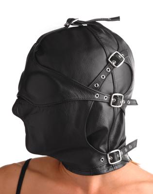 Asylum Leather Hood With Removable Blindfold And Muzzle- Sm
