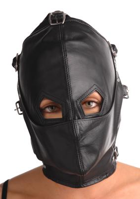 Asylum Leather Hood With Removable Blindfold And Muzzle- Sm