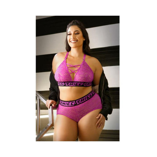 Vibes Thicc Lace Bralette With Criss-cross Neckline & Booty Short Qs Hot Pink | SexToy.com