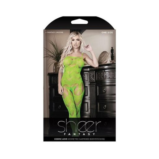 Sheer Cosmic Love Strappy Geometric Gartered Bodystocking Neon Green O/s | SexToy.com