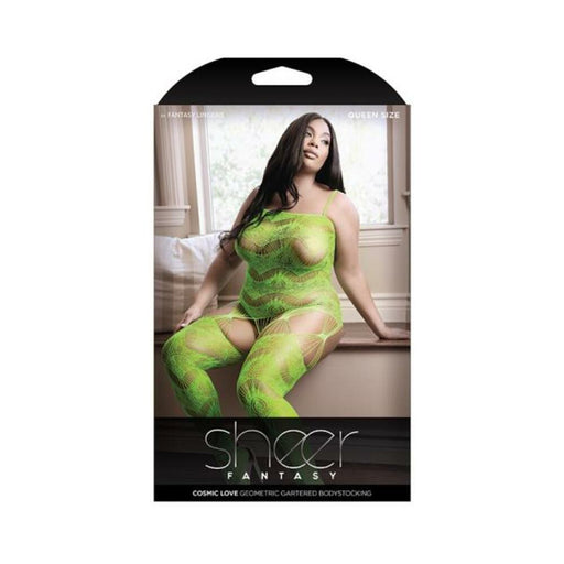 Sheer Cosmic Love Strappy Geometric Gartered Bodystocking Neon Green Queen | SexToy.com