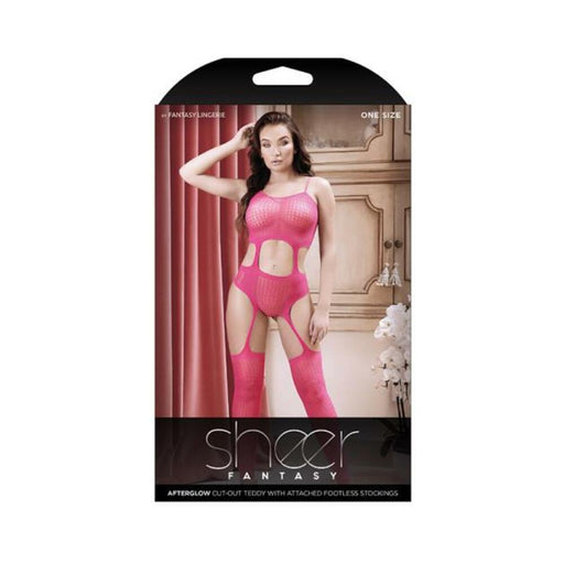 Sheer Afterglow Cutout Teddy With Attached Footless Stockings Berry Pink O/s | SexToy.com