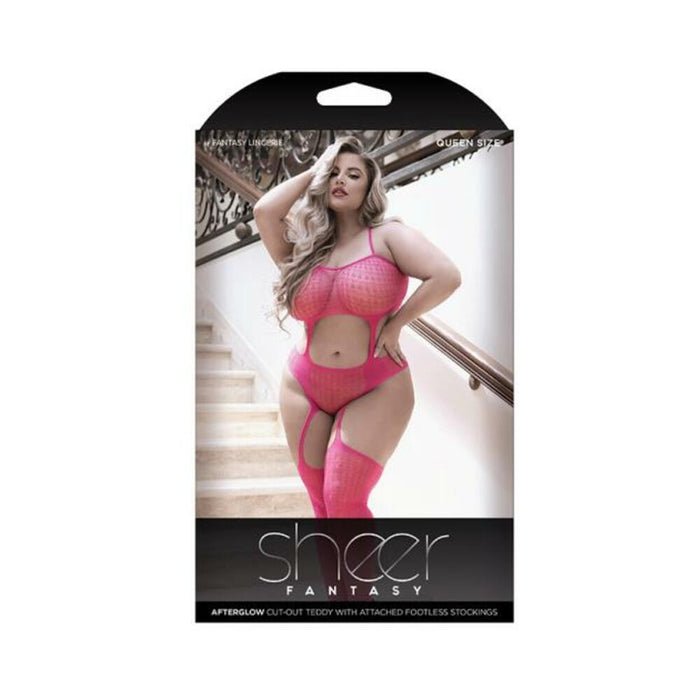 Sheer Afterglow Cutout Teddy With Attached Footless Stockings Berry Pink Queen | SexToy.com