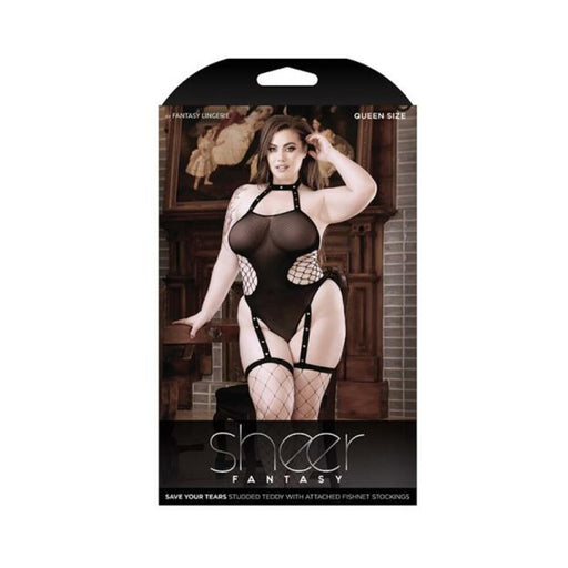 Sheer Save Your Tears Studded Halter Teddy With Net Sides And Attached Fishnet Stockings Black Queen | SexToy.com