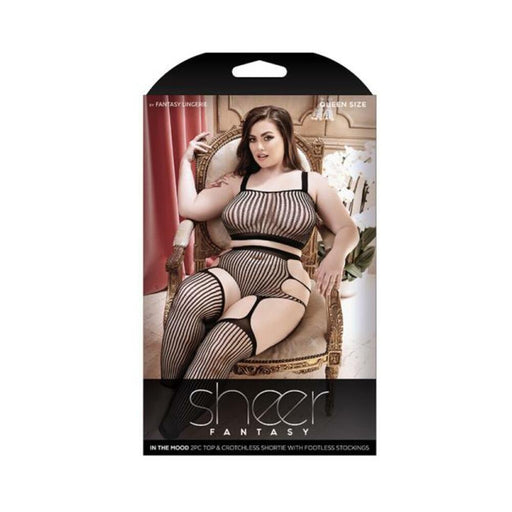 Sheer In The Mood 2-piece Crop Top & Crotchless Shortie With Attached Footless Stockings Black Queen | SexToy.com