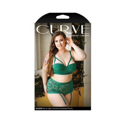 Curve Nadine Longline Contour Cup Bra & High Waist Panty With Removable Garters Emerald 1x/2x | SexToy.com