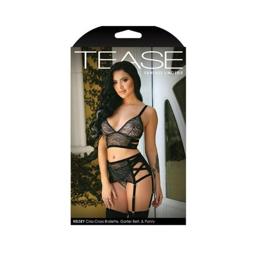 Tease Kelsey Criss-cross Metallic Lace Bralette, Garter Belt, & Panty Black M/l | SexToy.com