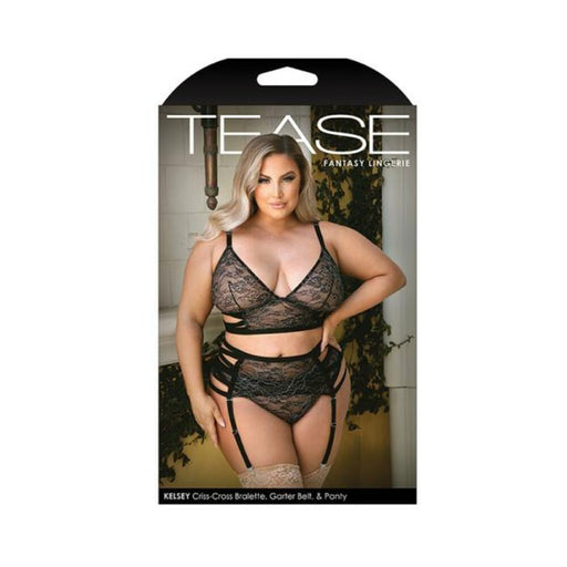 Tease Kelsey Criss-cross Metallic Lace Bralette, Garter Belt, & Panty Black 1x/2x | SexToy.com