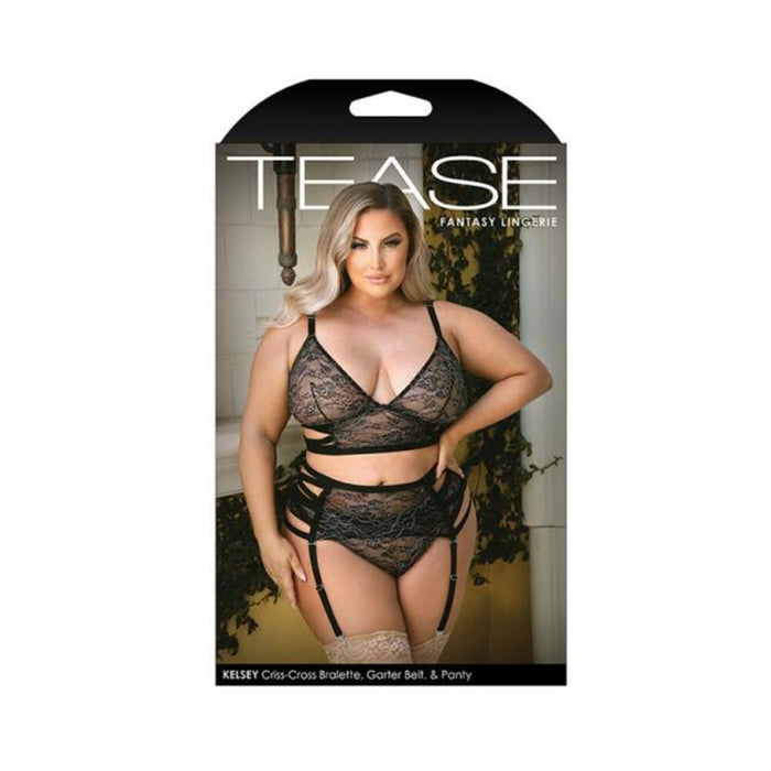 Tease Kelsey Criss-cross Metallic Lace Bralette, Garter Belt, & Panty Black 3x/4x | SexToy.com