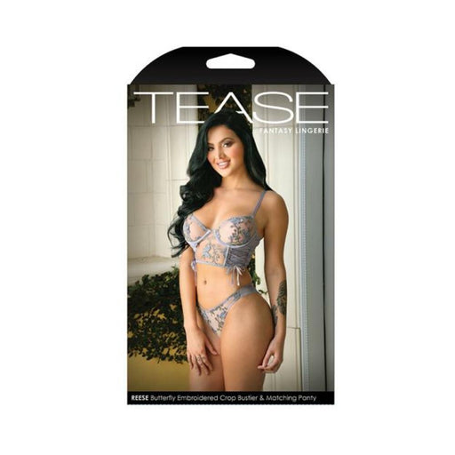 Tease Reese Butterfly Embroidered Mesh Bustier Top With Ribbon Lace-up Detail & Matching Panty With | SexToy.com