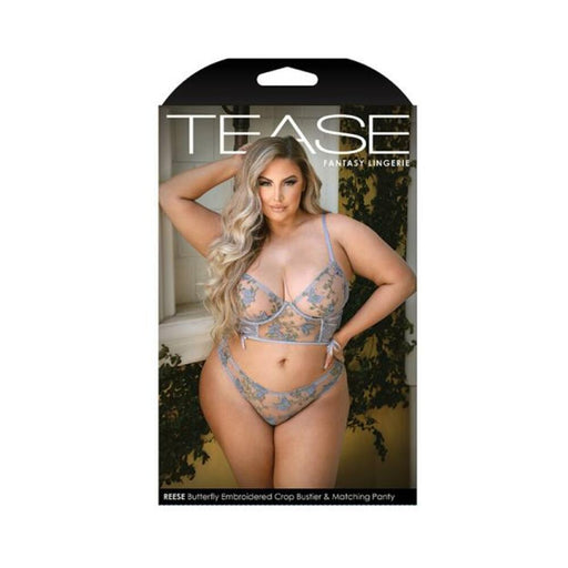 Tease Reese Butterfly Embroidered Mesh Bustier Top With Ribbon Lace-up Detail & Matching Panty With | SexToy.com